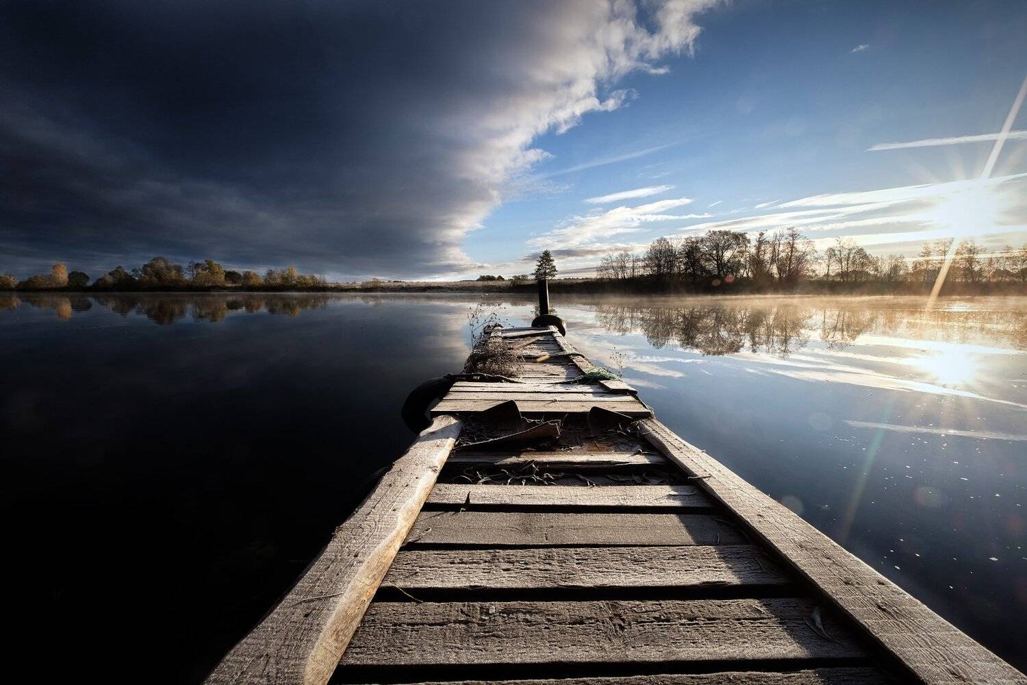 утро, рассвет, восход, холодный, иней, река, небо, облака, солнце, туман, причал, дерево, краски, осень, октябрь, Андрей Чиж
