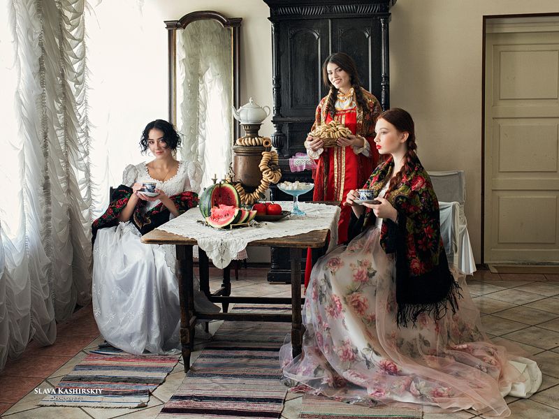 чаепитие, усадьба, самовар, чай, плющки, баранки, арбуз Чаепитие фото превью