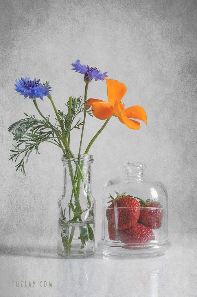 лето под стеклом, клубника, калифорнийские маки, васильки, Владимир Тузлай