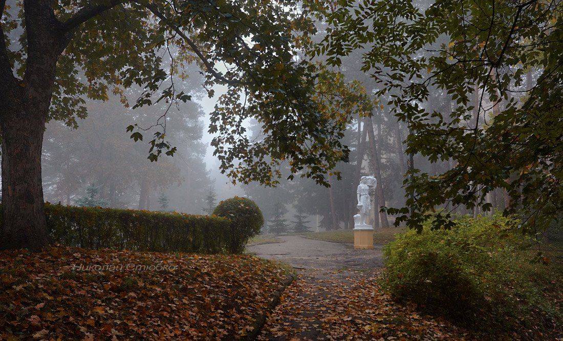 осень, парк, листья, туман, Николай Стюбко