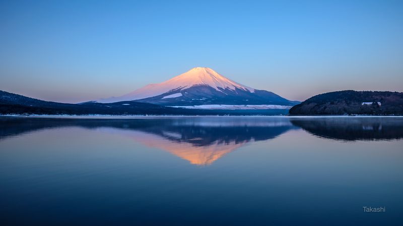 Fuji,Japan,mountain,snow,reflection,pink,sky,blue,lake,water,winter,beautiful,amazing, Reflection of Beni Fuji фото превью