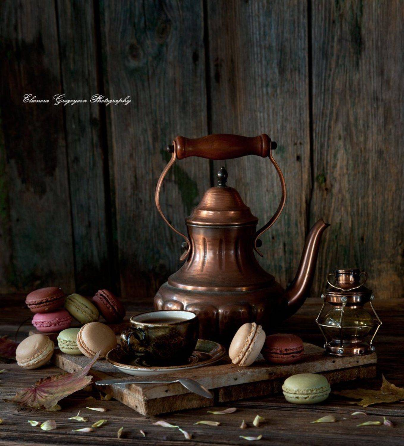 кофе, печенье, медный, чайник, макарунсы, натюрморт, Eleonora Grigorjeva