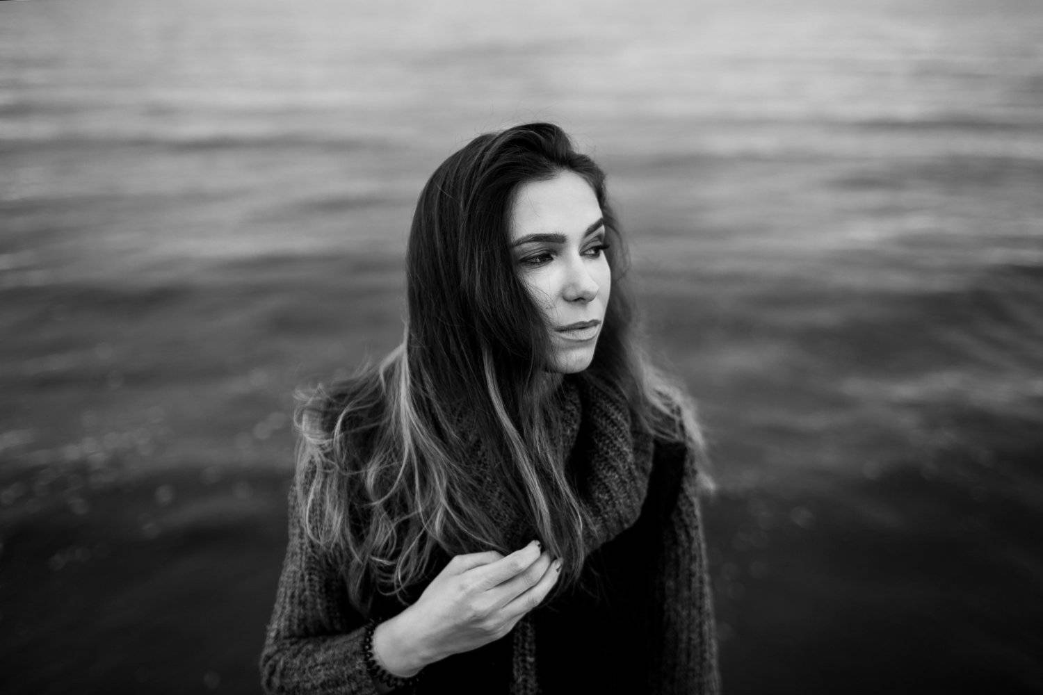 sea, girl, wind, weather, beauty, black and white, hair, beach, Dmitry Bastet
