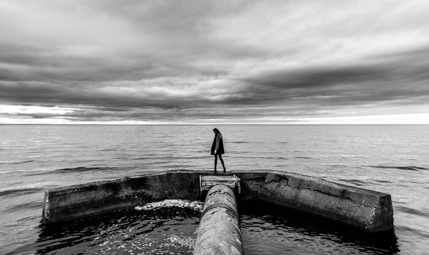 sea, girl, wind, weather, beauty, black and white, hair, beach, Dmitry Bastet