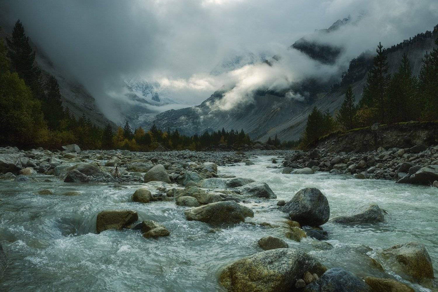 россия, кавказ, северная осетия, горы, ущелье, дигория, рассвет, сумерки, природа, хребет, скалы, небо, река, ледник, туман, облака, Оборотов Алексей