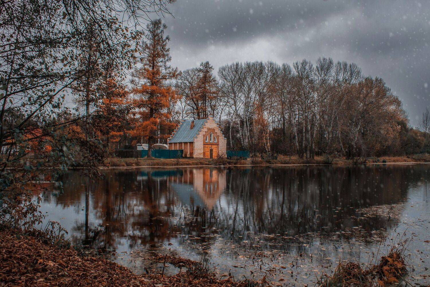 снег, природа, озеро, домик, лес, Екатерина