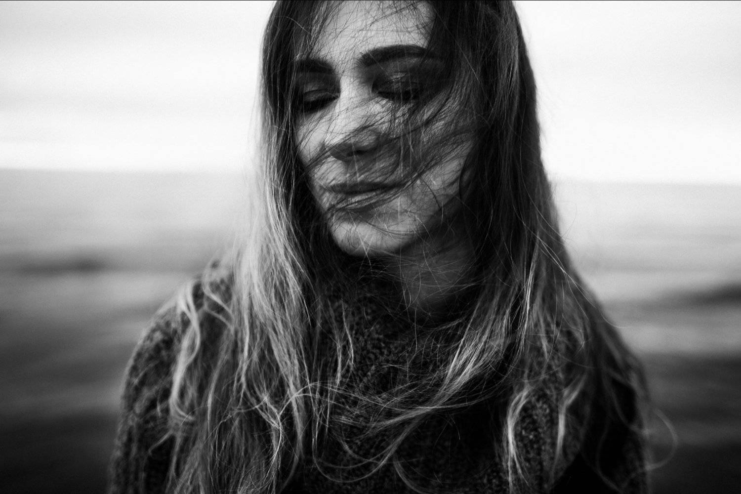 sea, girl, wind, weather, beauty, black and white, hair, beach, Dmitry Bastet