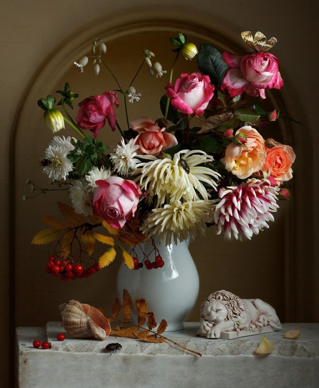 натюрморт, роза, георгин, статуэтка, голландский, жук Букет фото превью