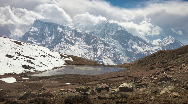 гималаи, горы, аннапурна, гангапурна, облака, озеро, ice, lake Гималаи фото превью