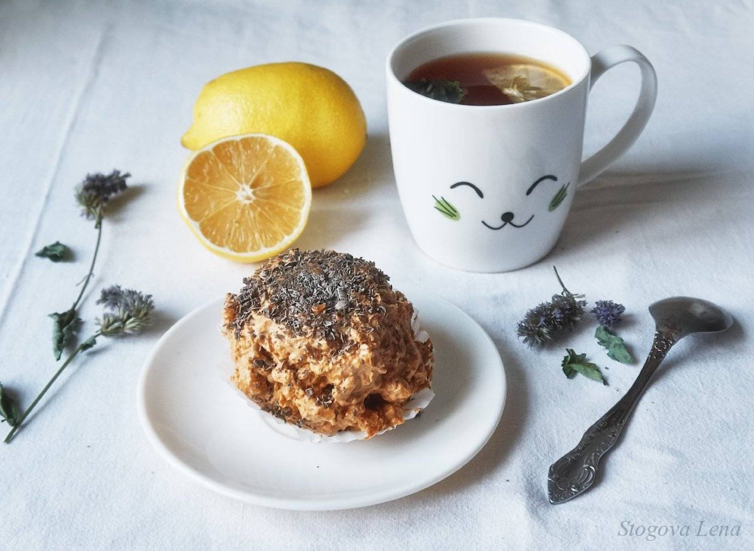 пирожное, чай, лимон, мята, Лена Стогова
