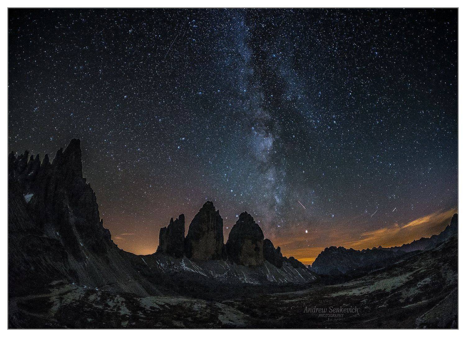 tre cime di lavaredo, dolomites, italy, горы, ночь, млечный путь, доломиты, milky way, night, stars, Андрей Сенкевич