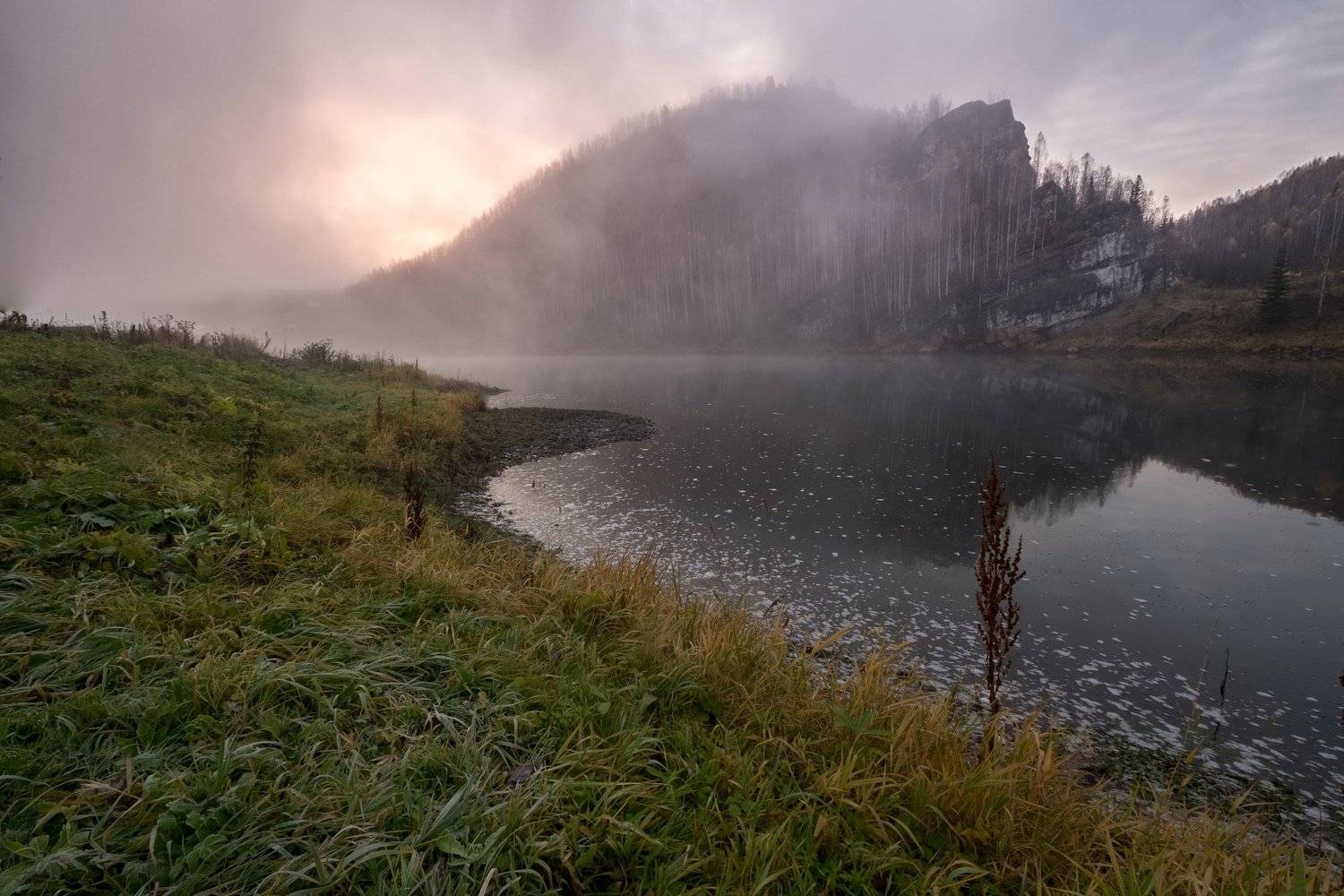утро, рассвет, туман, скалы, изморозь, трава, Савицкий Ян