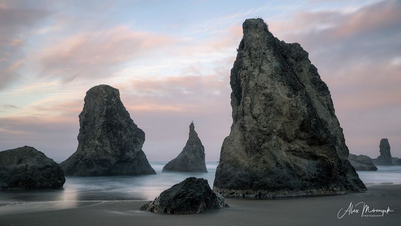 пляж, океан, прилив, отлив, лужа, скала, отражение, море, волны, рассвет, Bandon Beach, Oregon фото превью