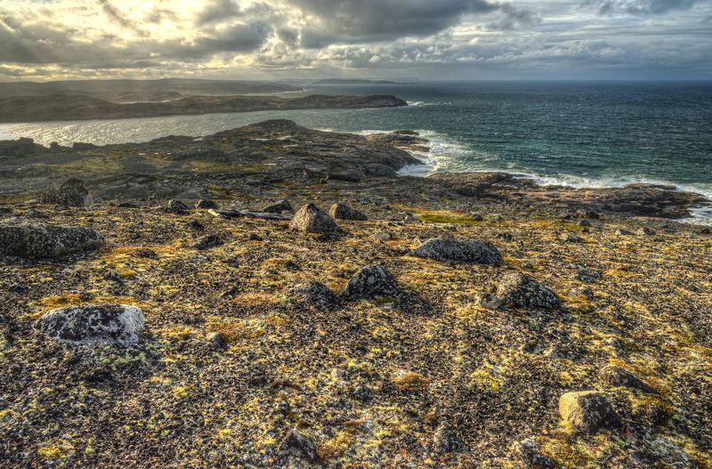 тундра, север, море, волны, скалы, камни, тучи, острова Губа Долгая фото превью
