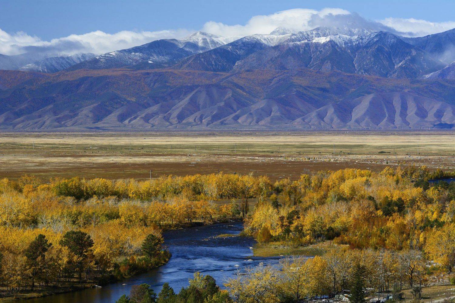 природа, пейзаж, горы, река, осень, облака, солнце, Елена Вторушина