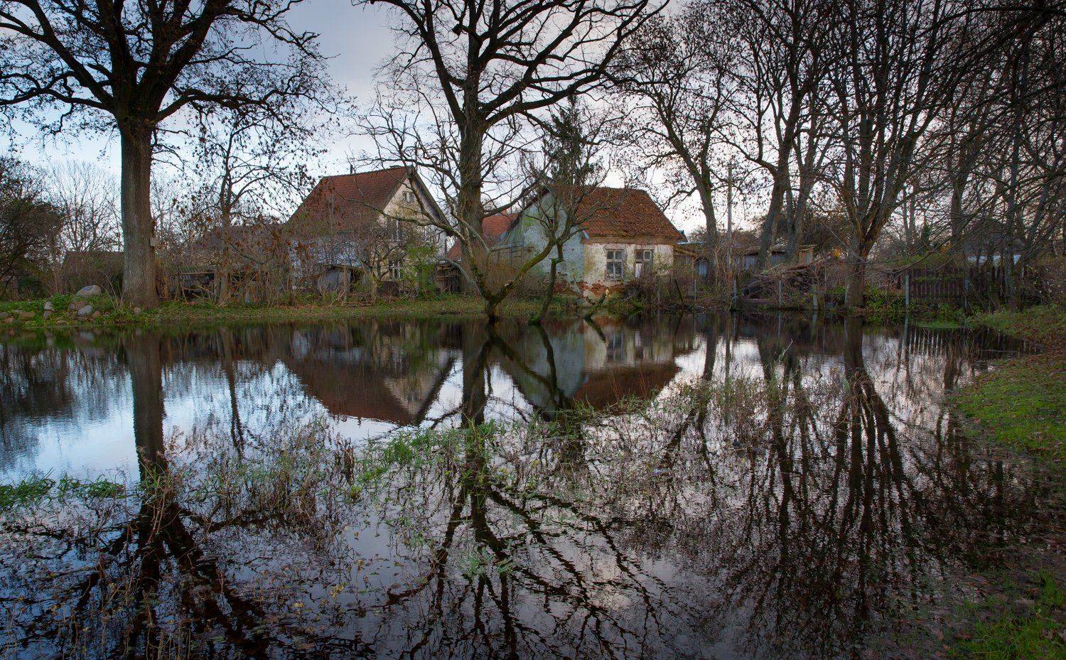 отражение ,домики ,осень ,куршская коса,зеркало, голые деревья, Ирина Назарова