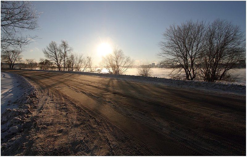 дорога, тени, пар, зима, земля, деревья Признаки зимы фото превью