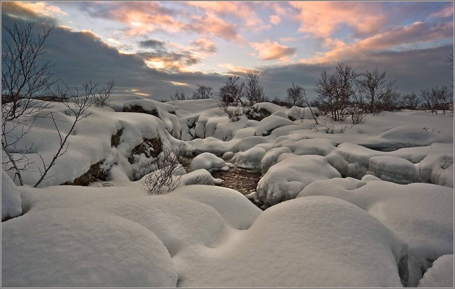 снег, река, рассвет, сопки, кольский, облака, Lara