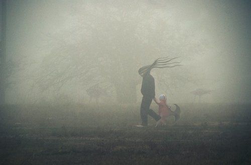 Small fish-girl & octopus-men  go through the fog