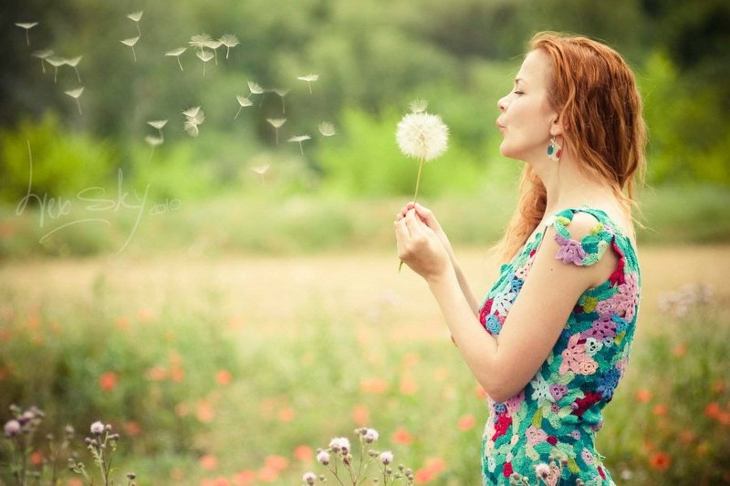 девушка, маки, поле, одуванчик, Lex_Sky