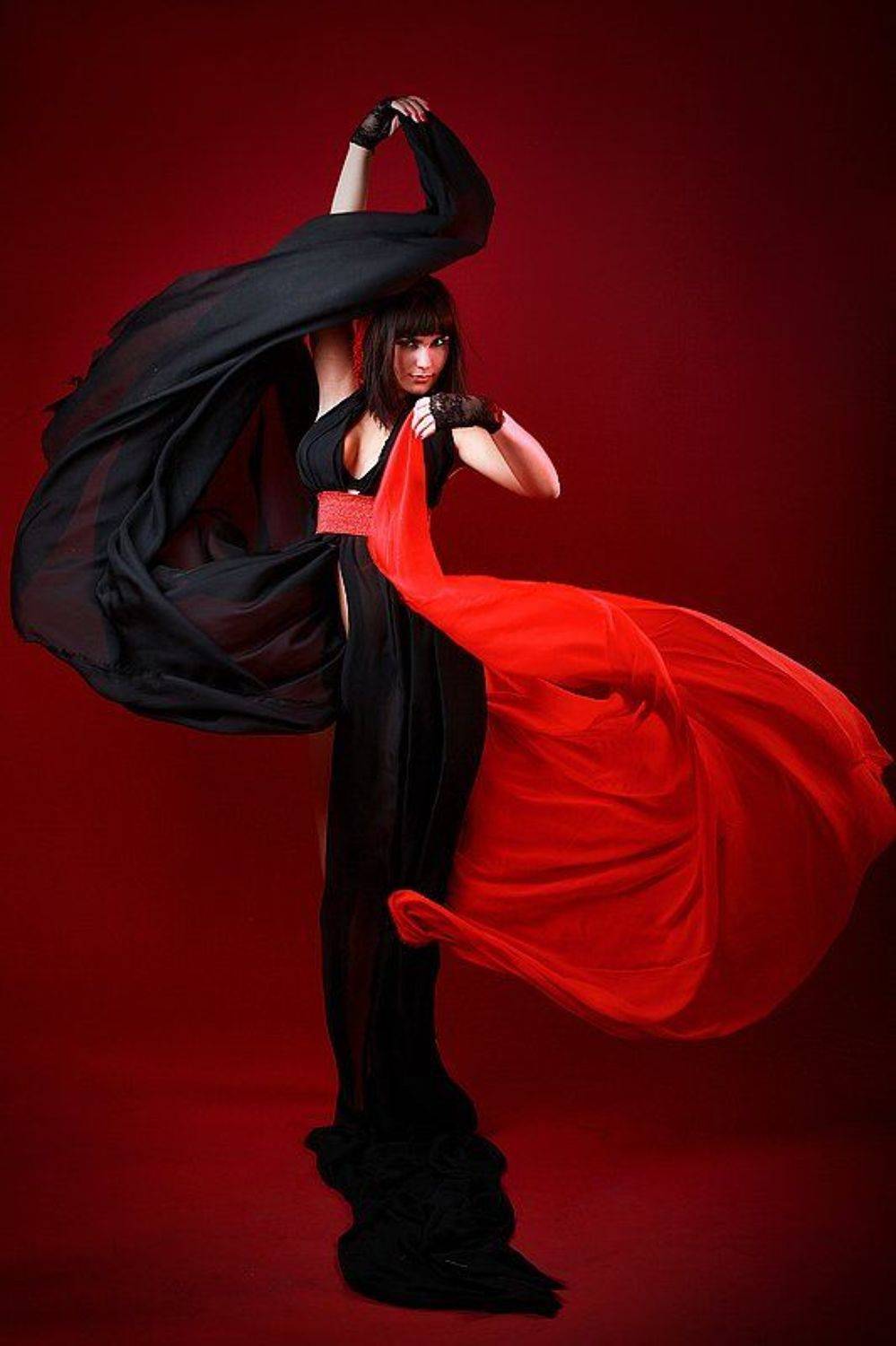 девушка, ткань, черное, красное, движение, Алёна