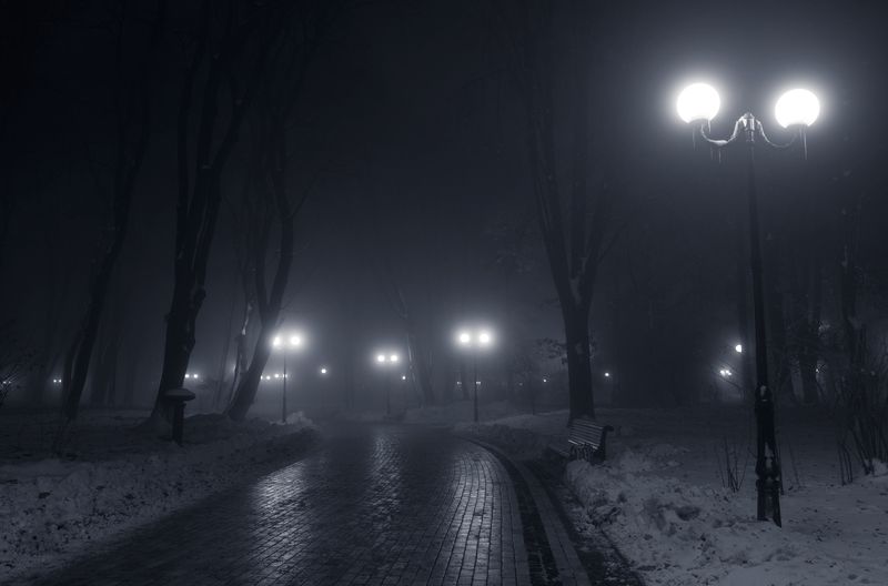 осень, ночь, город, парк, туман, снег, ноябрь Всё плыло и менялось вокруг... фото превью