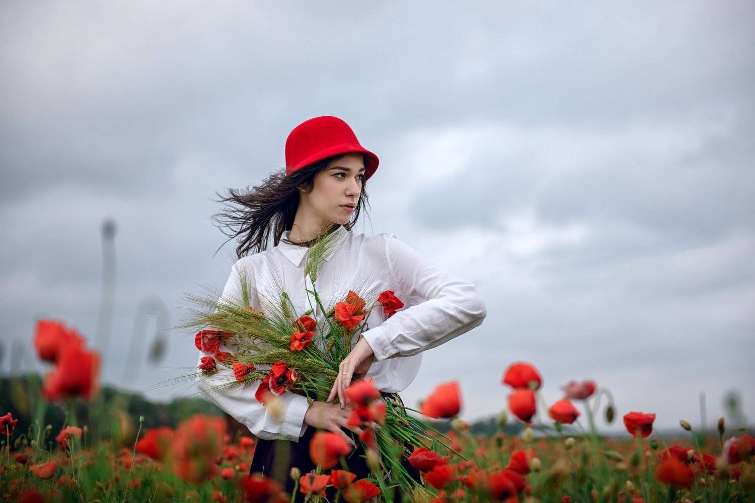 модель, девушка, портет, маки, поле, небо, Анна Дегтярёва