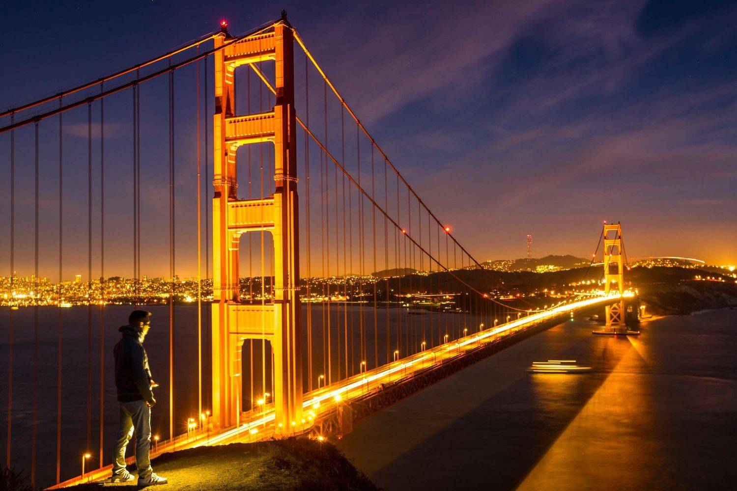 мост, сан франциско, калифорния, человек, закат, вечер,океан,залив, Дмитрий Стороженко