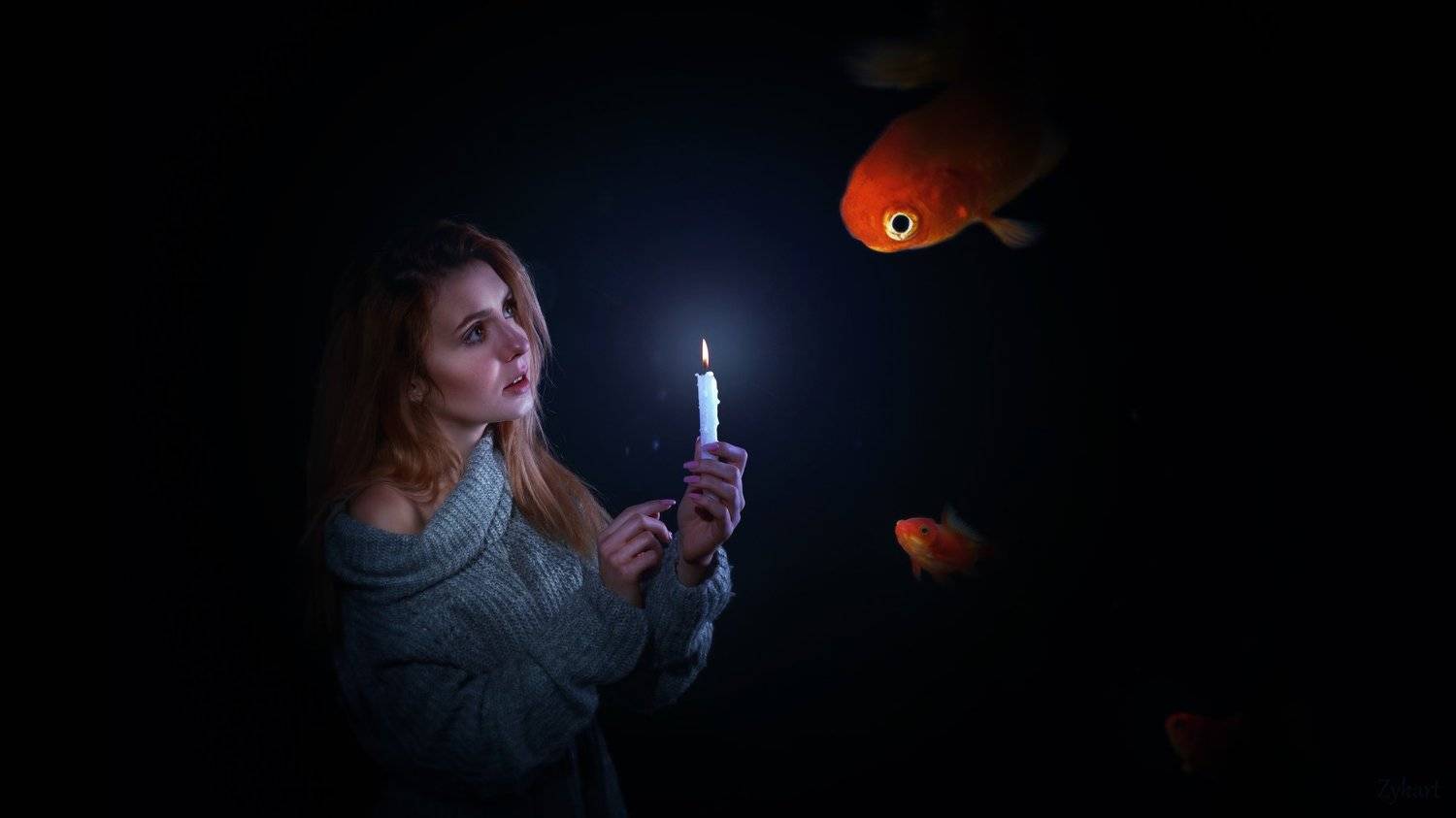 вода рыбы свет девушка свеча, Маргарита Жуковкая