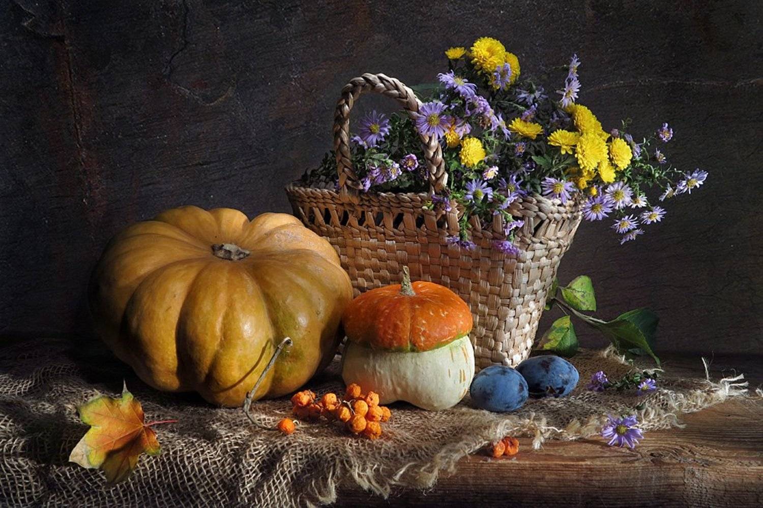 цветы,тыква,мешковина,сливы,рябина, Алла Шевченко