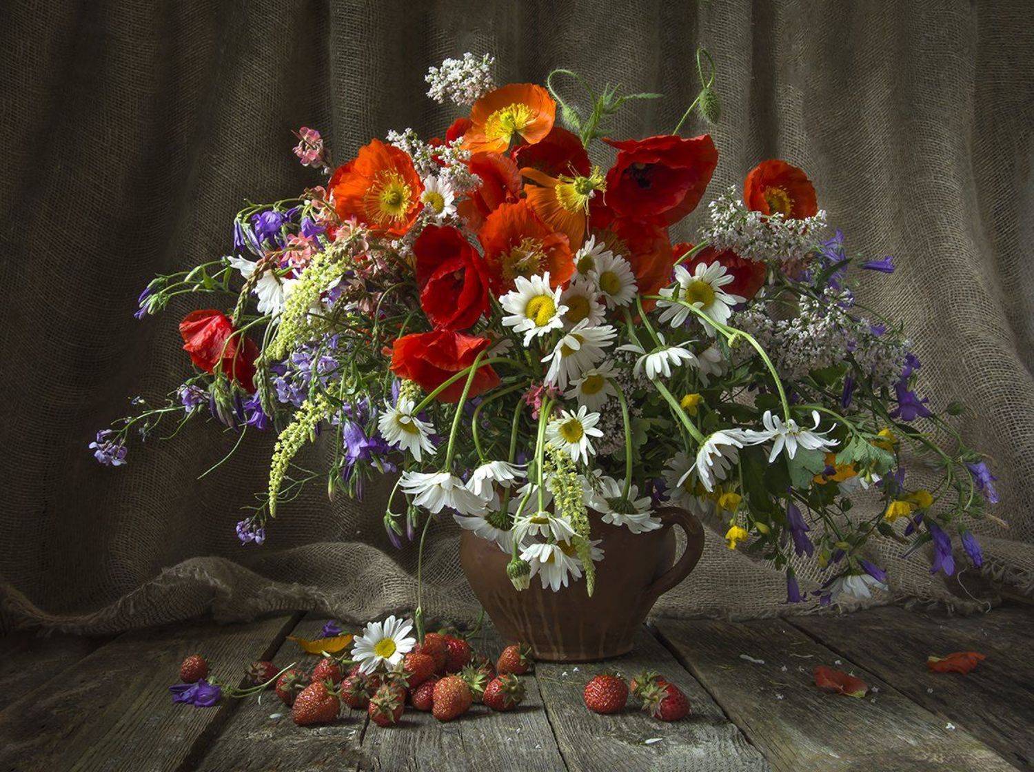 красивый натюрморт с полевыми цветами,маки,ромашки,колокольчики,клубника,художественное фото,искусство,творчество., Людмила Костюченко