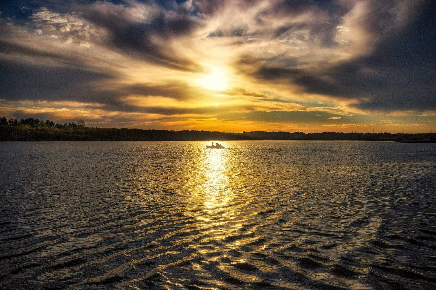 закат, осень, река, небо, облака, отражение, солнце, Пушкарев Николай