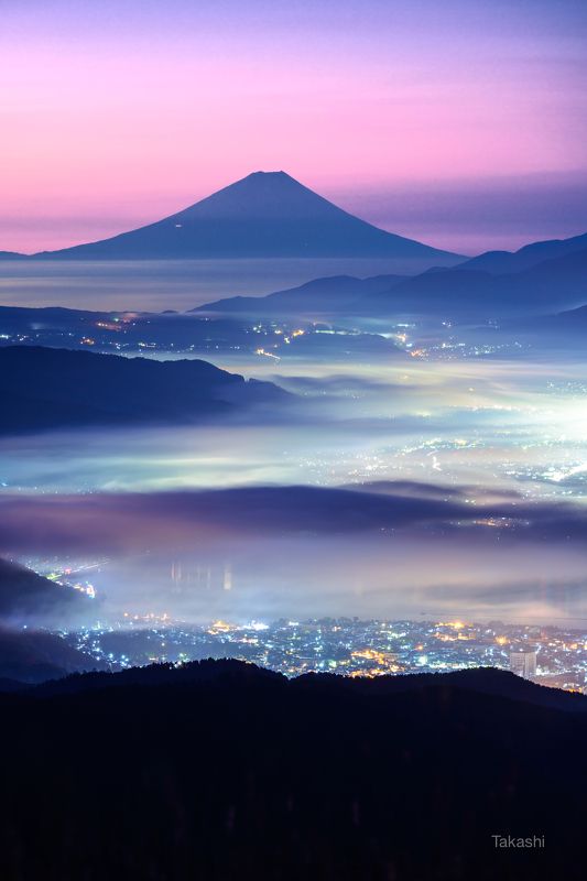 Fuji,mountain,Japan,dawn,cloud,fog,color,lake,beautiful,fantastic,amazing Scenery like a dream фото превью