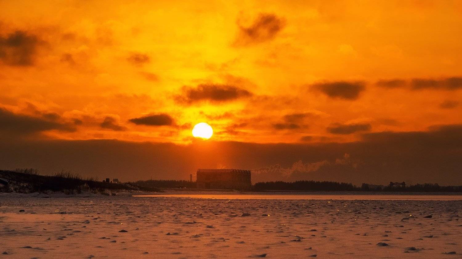 закат, Рыбинск, ГЭС, зима, лед, снег, водохранилище, Дмитриев Алексей