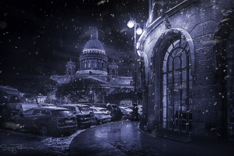 питер, санкт-петербург, ночь, зима, мороз, рехов, сергейрехов, rekhov, sergejrekhov Ночь. Улица. Фонарь. Исаакий фото превью