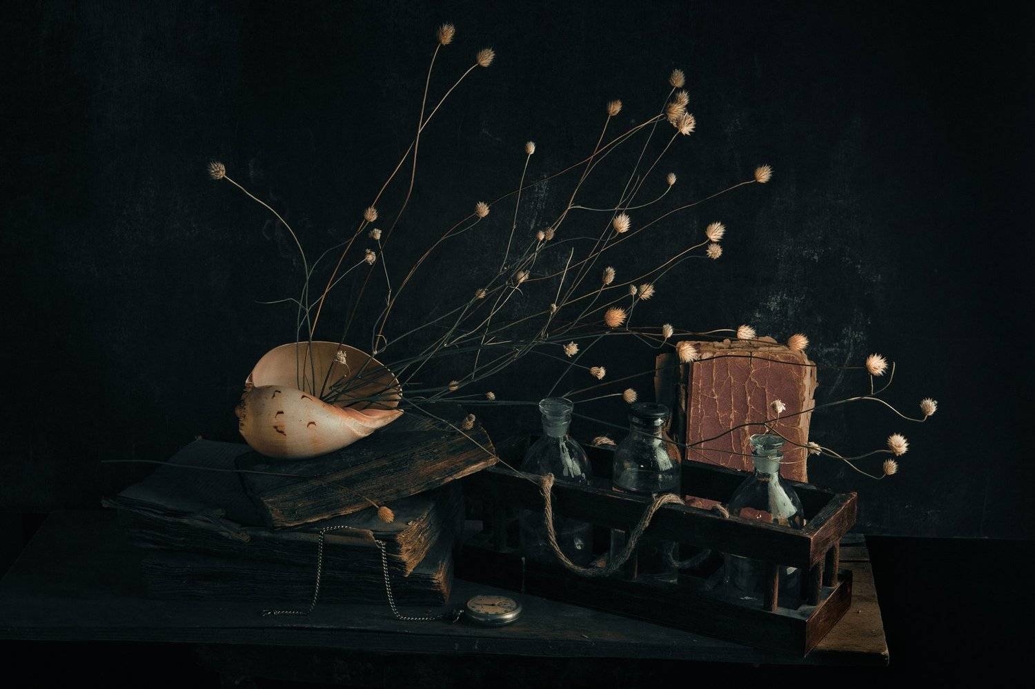 ракушка, бутылки, стекло, книги, часы, карманные часы, старые, сухоцвет, натюрморт, Наталья Голубева