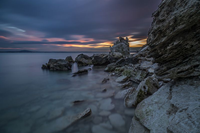 black sea, bulgaria, cliff, island, landscape, long exposure, nature, sea, seascape, sunset, travel Sunset over the rocky beach фото превью