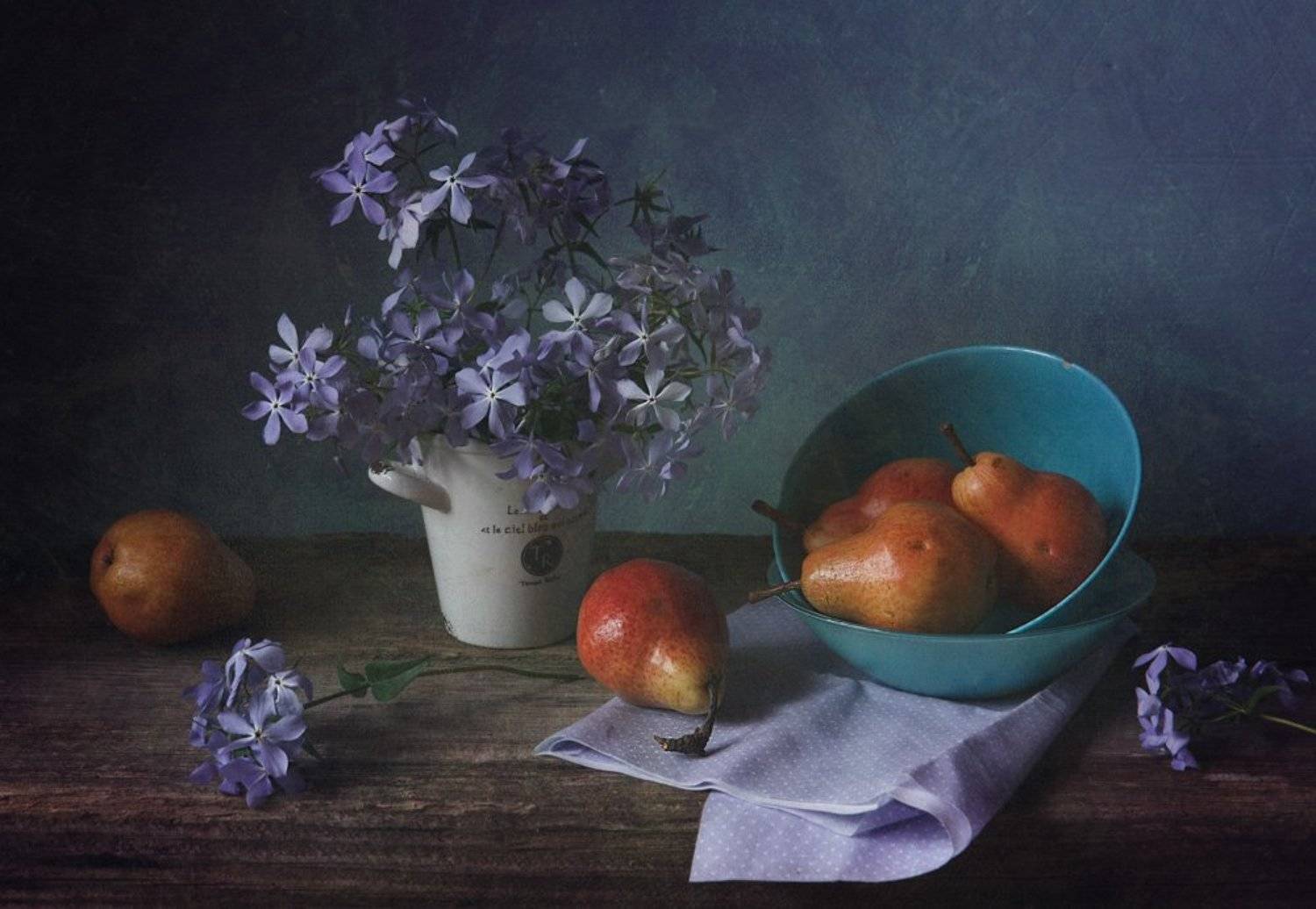 натюрморт, флоксы, груши, синий, голубой, Виктория