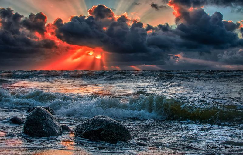 sunset,seascape,clouds,sun rays,stones Sunset glance фото превью