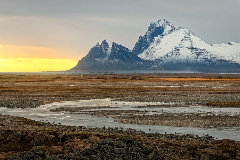 Исландия, горы, закат, река, Iceland, mountains, sunset, river, stones,  Место где солнце поджигает вулканы фото превью