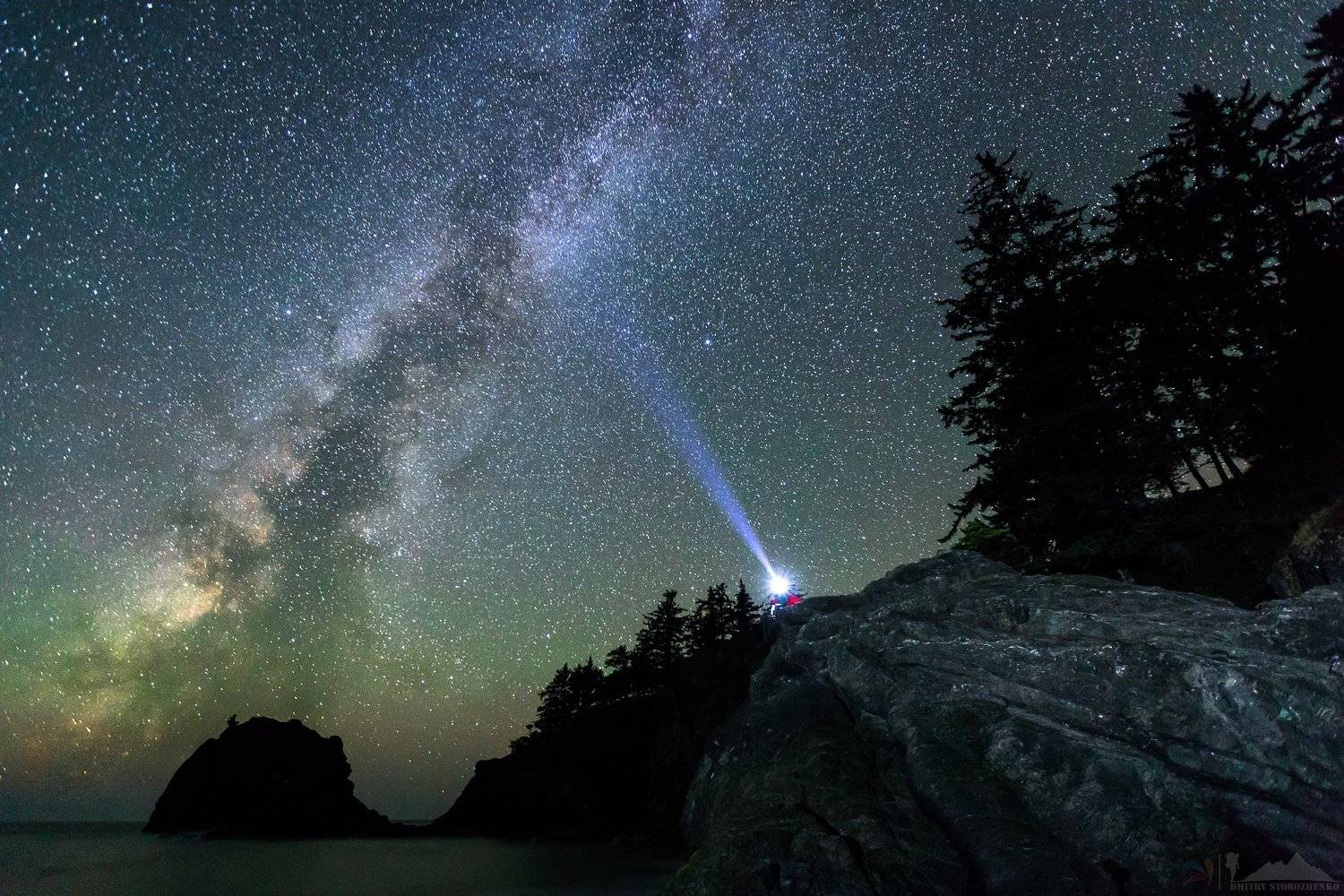 млечный путь, звезды,свет,скала,человек,океан,сша,орегон, Дмитрий Стороженко