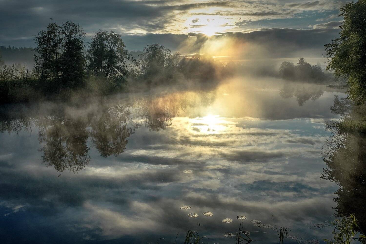 пейзаж, рассвет, утро, река, отражения, деревья, небо, Андрей Чиж