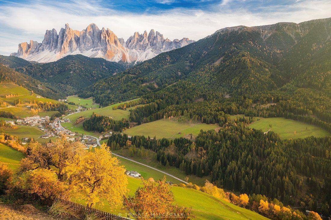 dolomities, dolomiti, mountains, italia, italy, sunset, sunrise, light, red, orange, autumn, colours, santa, magdalena, funes, church, odle, Tomasz Wieczorek