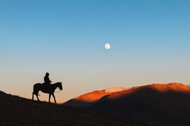 закат, силуэт, полнолуние, Кыргызстан, чабан Путь домой фото превью