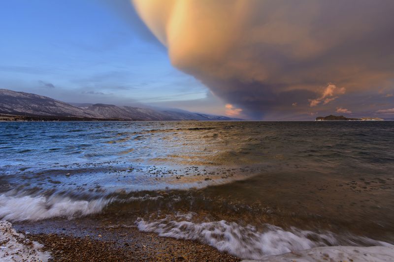 Байкал, закат, вода, лед, горы  фото превью