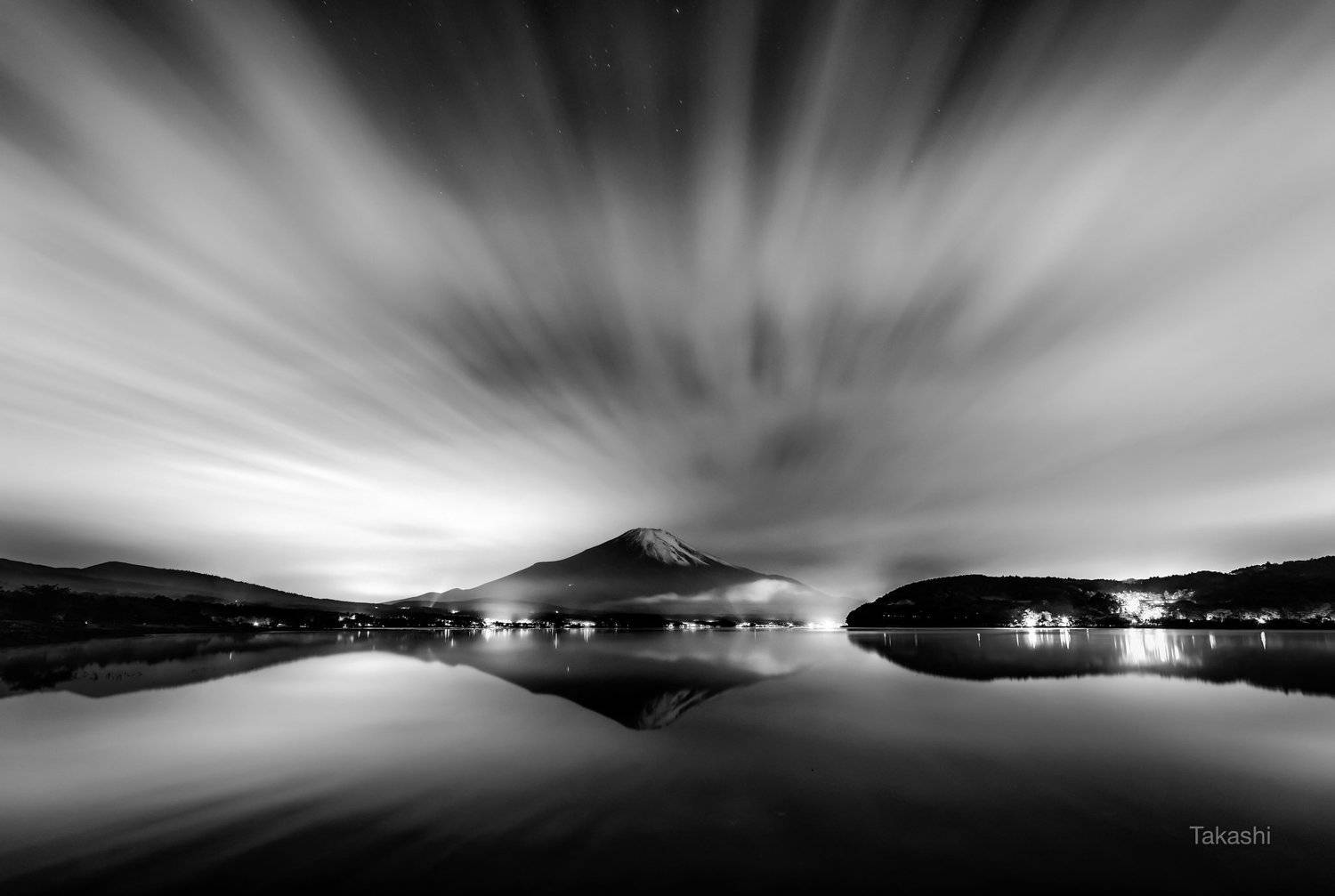 Fuji,mountain,Japan,cloud,night,reflection,flow,lake,water,beautiful,amazing,wonderful,monochrome,, Takashi