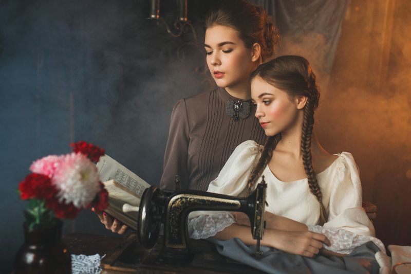 sewing, embroidery, training, skilled worker, family, sister, girl, portrait Sisters фото превью