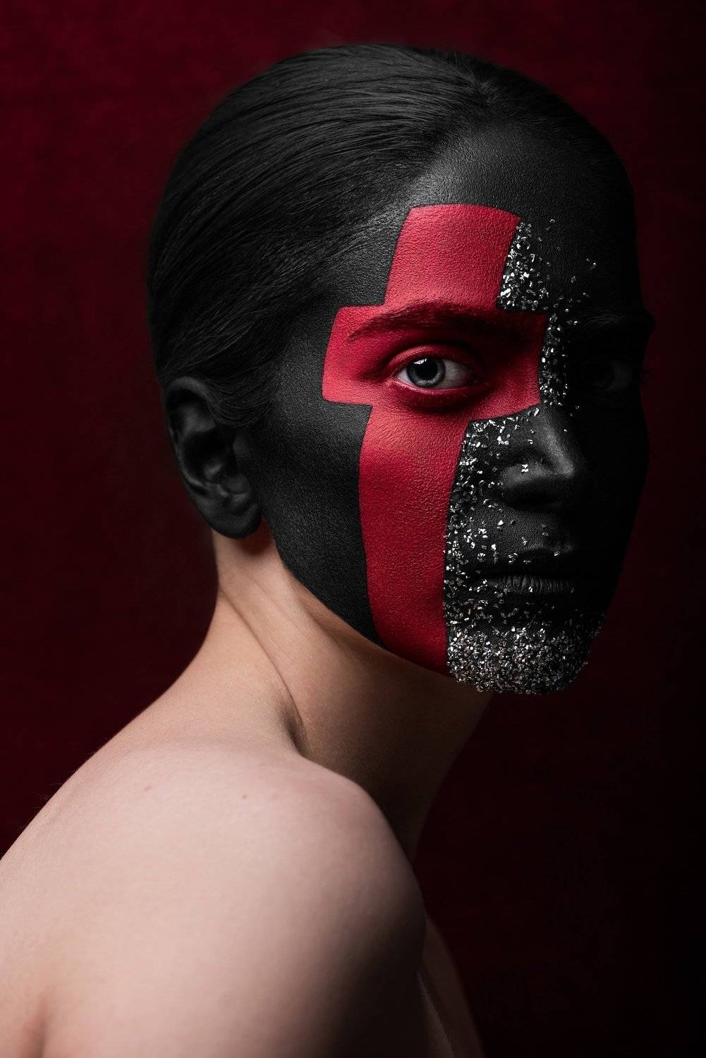 beauty, concept, fine art, red, cross, dark portrait, portrait, make up, world war ii, Peyman Naderi