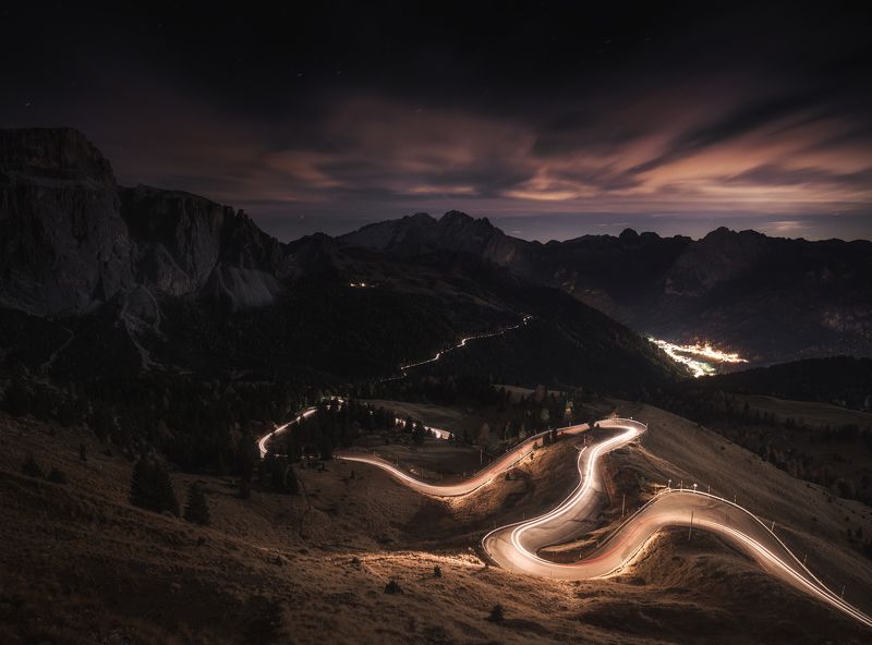 passo, sella., dolomites Нощ над Passo Sella - Италия фото превью