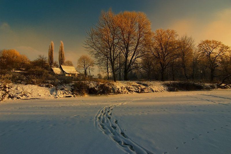 зима, вечер, закат Зимний вечер фото превью
